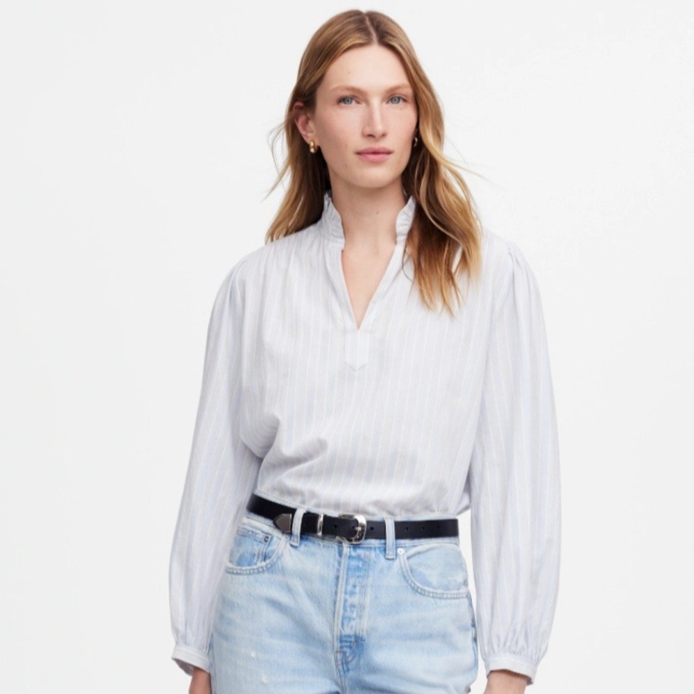 Madewell Top Womens XS Blue White Ruffled Popover Stripe Long Sleeve Shirt NV193